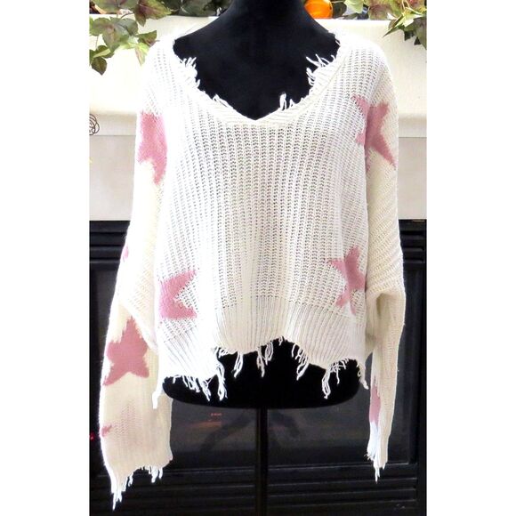 Polly & Esther Sweaters - Polly & Esther Junior's Deconstructed Star Sweater Cream/Pink XL EUC